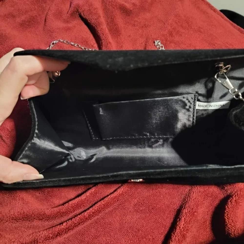 Velvet Evening Clutch Purse, Elegant Handbag for Wedding Party - Black